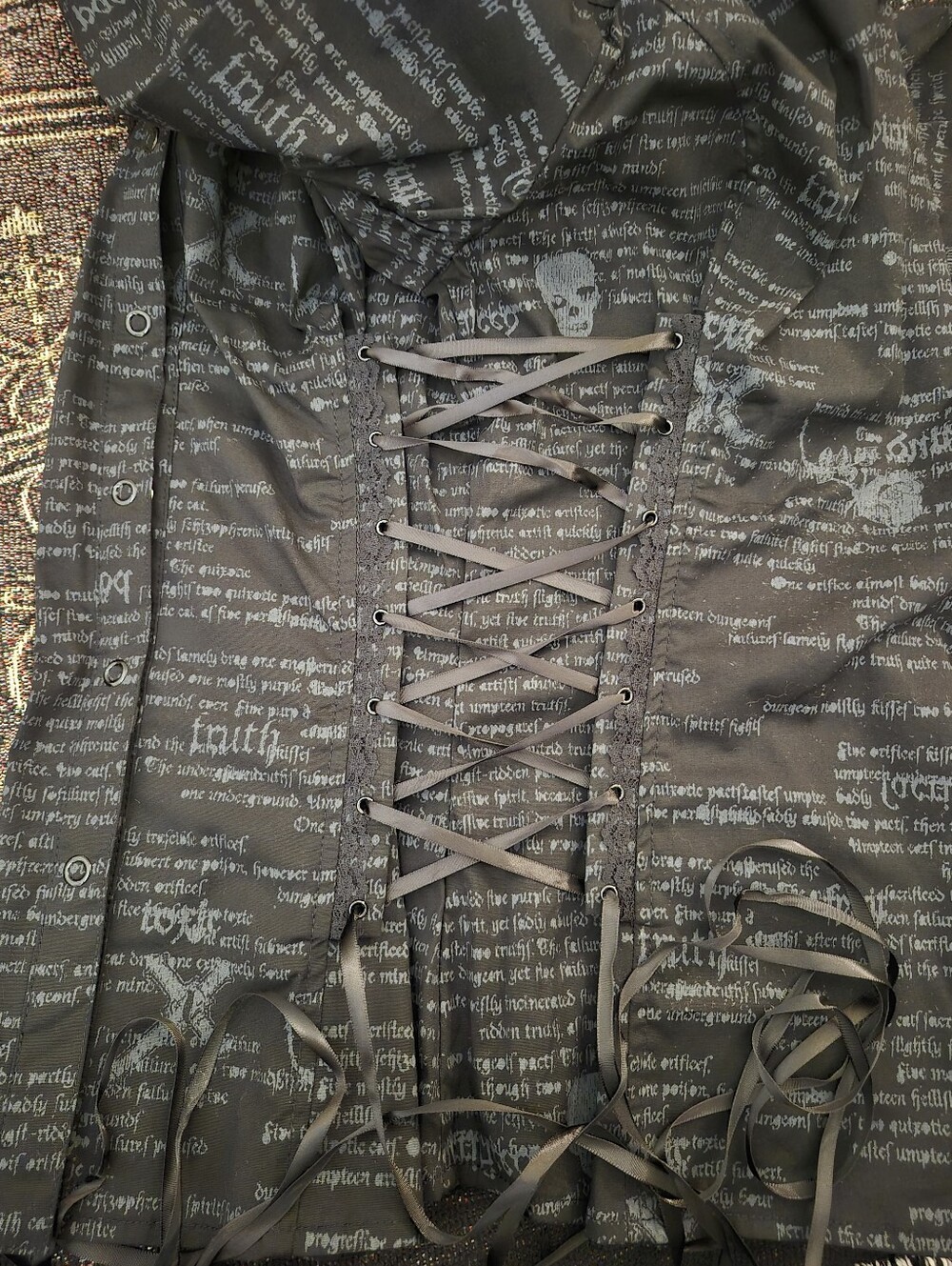 Vintage Lip Service "Morbid Curiosity" skull button-down, Lace Up corset top. - Picture 8 of 15